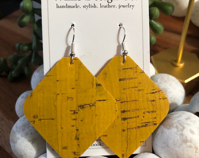Goldenrod yellow cork on leather earrings