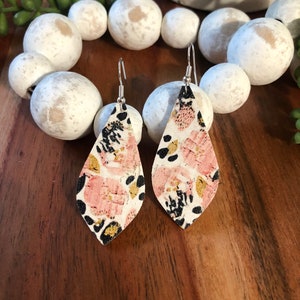 Blush animal print cork on leather earrings