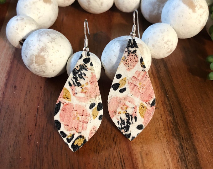 Blush animal print cork on leather earrings