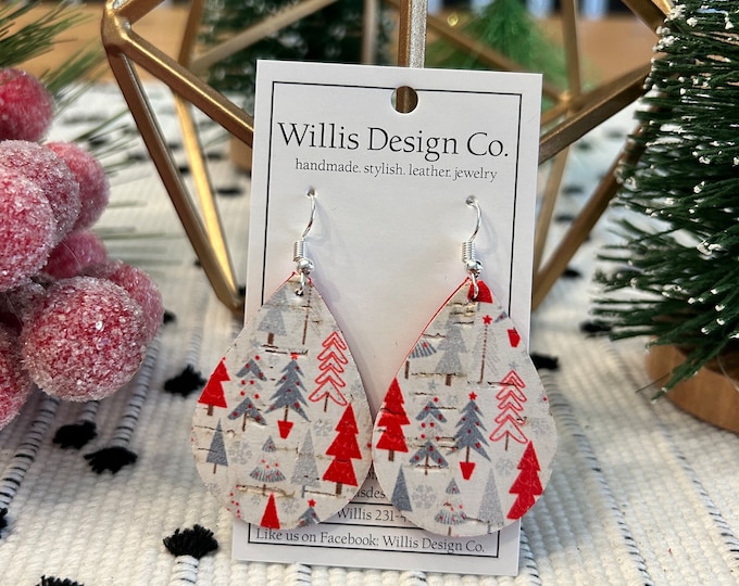 Christmas tree leather teardrop earrings