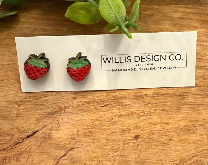 Hand painted wooden strawberry stud earrings