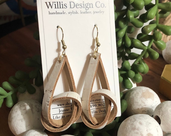 White cork on leather knot earrings