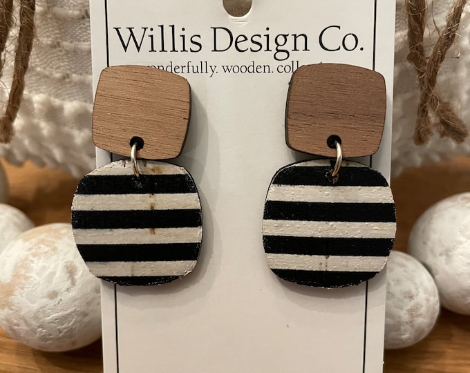 Wood stud with black and white stripe cork on leather dangle earrings