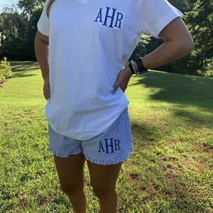 Monogrammed Seersucker Ruffle Shorts Pajamas - Navy, Pink, Light Blue & Charcoal - Bridesmaids gift - Mother of the Bride gif