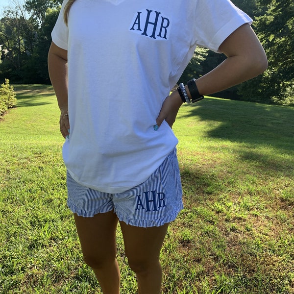 Monogrammed Seersucker Ruffle Shorts Pajamas - Navy, Pink, Light Blue & Charcoal - Bridesmaids gift - Mother of the Bride gif