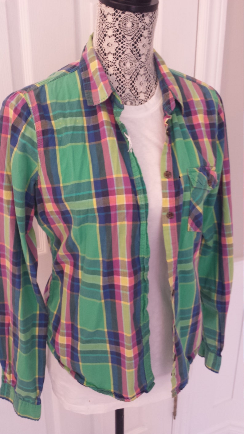 hand bleached mandala design on back OOAK yellow cotton plaid shirt BOHO chic Up-fashioned green blue pink