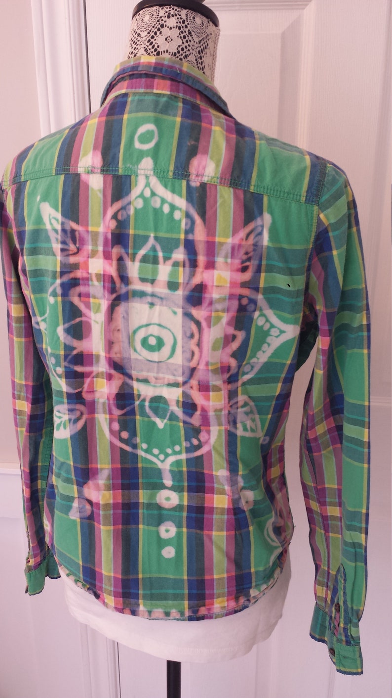 hand bleached mandala design on back OOAK yellow cotton plaid shirt BOHO chic Up-fashioned green blue pink