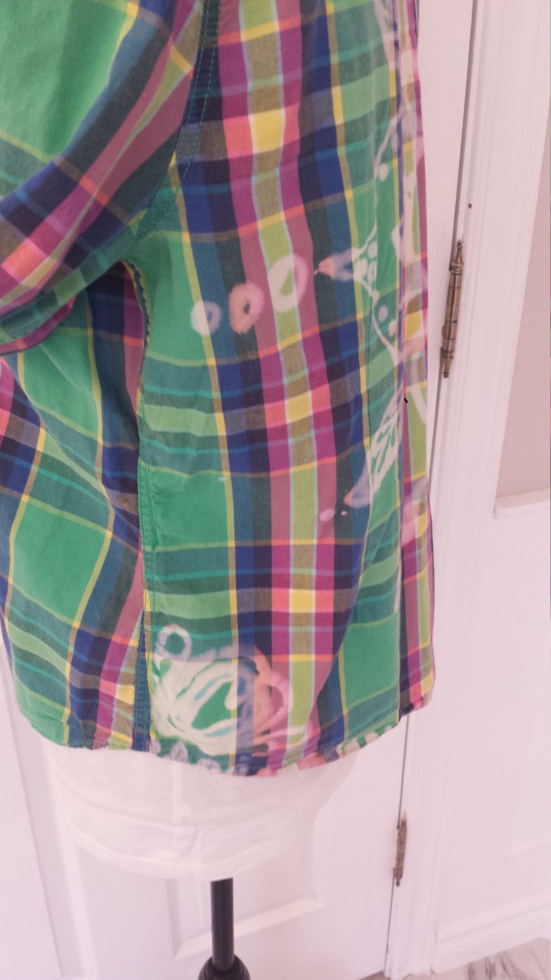 hand bleached mandala design on back OOAK yellow cotton plaid shirt BOHO chic Up-fashioned green blue pink