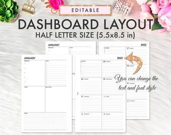 EDITABLE Half Letter Planner Inserts Printable, Weekly Dashboard Insert, Half Letter Printable, Half Letter Planner Insert, Weekly Printable