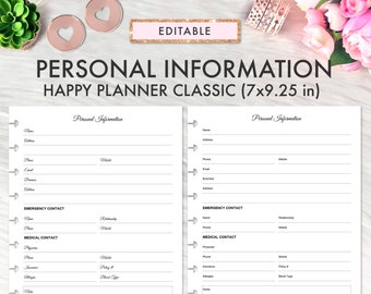 EDITABLE Happy Planner Classic Personal Information Printable Insert, Emergency Contacts Happy Planner Classic Refill Printable Inserts