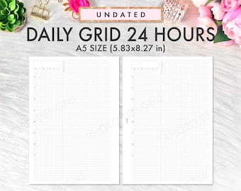 May include: A black and white printable daily grid planner with a 3.7 mm dashed grid. The planner is undated and measures 5.83 by 8.27 inches. The planner is designed for use with a standard A5 size notebook.