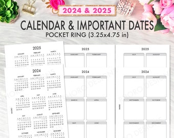 Pocket Planner 2024 2025, Pocket Rings Printable Insert 2024 2025 Calendar Date, Year At A Glance Pocket Planner Printable Filofax Rings PDF