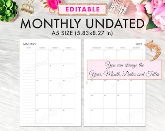 EDITABLE A5 Planner Inserts Printable, A5 Monthly Inserts, A5 Monthly Printable, A5 Monthly Planner Inserts, Filofax A5, Kikki K Large