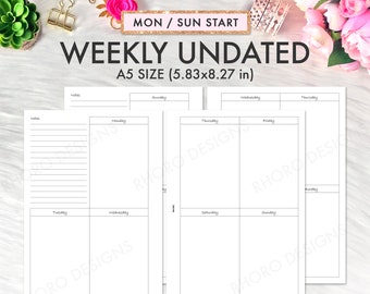 A5 Planner Inserts Printable, Weekly Insert, A5 Inserts Weekly Undated Printable Inserts, Filofax A5, A5 Weekly, A5 Inserts, WO2P PDF Refill