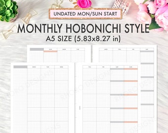 A5 Monthly Printable Undated, A5 Monthly Planner, A5 Monthly Calendar, A5 Planner Inserts Printable, Hobonichi Style Bundle, Filofax A5 PDF