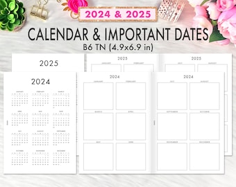 B6 TN Inserts, B6 Calendar Inserts, B6 2024 2025 B6 TN Inserts, Year at a Glance Travelers Notebook, B6 Travelers Notebook Printable Inserts