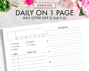 Half Letter Planner Inserts Printable, Daily Inserts Printable, Daily On 1 Page, DO1P, Half Letter Printable Inserts, Daily Undated PDF