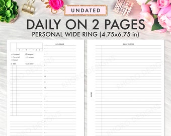 May include: A black and white daily planner with the text "UNDATED DAILY ON 2 PAGES PERSONAL WIDE RING (4.75x6.75 in)" at the top. The left page has a schedule section with checkboxes for completed, delegated, and in progress tasks. The right page has a section for daily notes.