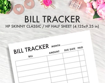 SKINNY CLASSIC Happy Planner Printable Inserts, Bill Tracker,  Happy Planner Classic Skinny Half Sheet Bill Checklist Log Printable Page