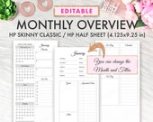 EDITABLE Monthly Overview, Skinny Classic Inserts, Skinny Classic Happy Planner Printable Inserts, Happy Planner Half Sheet Printable