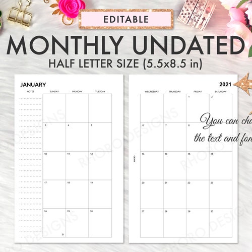 EDITABLE Half Page Calendar 2023 Half Page Planner Inserts Etsy