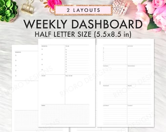 Half Letter Planner Inserts Printable, Weekly Dashboard Insert, Half Letter Printable, Half Letter Planner Inserts, Weekly Undated Printable