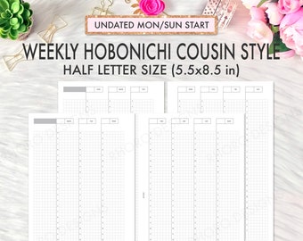 Half Letter Planner Inserts Printable, Weekly Hobonichi Cousin Style Grid Insert, Half Letter Printable, Half Page Planner Inserts Printable