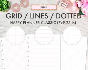 Classic Happy Planner Inserts, Happy Planner Inserts Printable, Pink Grid, Pink Lines, Pink Dotted Grid Set, Happy Planner Printable Inserts