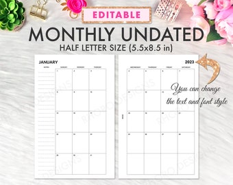 EDITABLE Half Page Calendar 2023, Half Page Planner Inserts, Monthly Undated, Half Letter Printable Inserts, Half Page Printable Inserts PDF