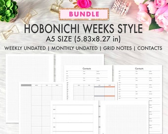 A5 Planner Inserts Printable, Hobonichi Style Bundle, Monthly Weekly Inserts, Contacts Grids Printable, Monthly Grid Undated, Filofax A5 PDF