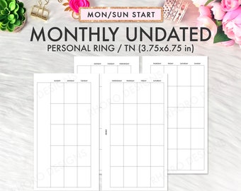 Personal Planner Inserts Printable, Personal Monthly Inserts, Monthly Undated Printable Inserts, Personal Inserts, Filofax Printable MO2P