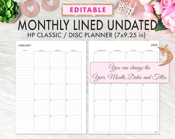 Happy Planner Classic, Happy Planner Printable Inserts, EDITABLE Classic Happy Planner Inserts, Editable Monthly Lines Undated Inserts PDF