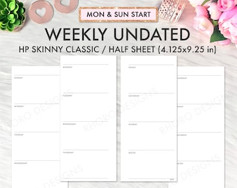 SKINNY CLASSIC Happy Planner Printable Inserts, Weekly Undated, Weekly Planner Refill Happy Planner Classic Skinny Half Sheet Printable