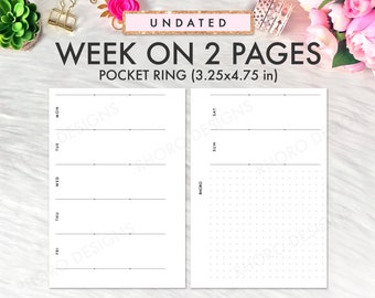 Pocket Rings Inserts, Pocket Rings Printables, Weekly Undated, Week On 2 Pages, WO2P, Weekly Planner Pocket Size Printable PDF Refill