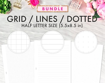 Half Letter Printables, Half Letter Planner Inserts Printable, Grid, Lines, Dotted Grid Set, Half Page Planner Printable Inserts PDF