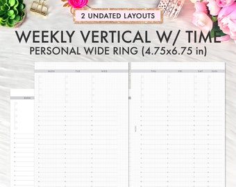 Personal Wide Inserts, Personal Wide Planner Printable Inserts, Weekly Vertical 2 Pages Time Undated WO2P, Foxy Fix Personal Wide Printables