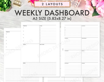 A5 Planner Inserts Printable, Weekly Dashboard Insert, A5 Inserts Weekly Undated Printable Inserts, Filofax A5, Kikki K Large, A5 Weekly