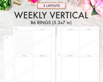 B6 Rings Inserts,  B6 Ring Printable Inserts, Weekly Inserts, Weekly Undated, WO2P Planner Insert B6 Rings, B6 Ring Printable Inserts Undate