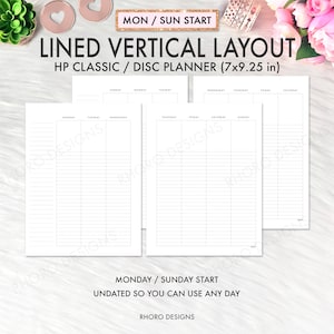 May include: Printable planner pages for a vertical layout, designed for use with a HP Classic Disc Planner. The pages are undated and can be used for any day of the week. The planner pages are 7 inches by 9.25 inches.