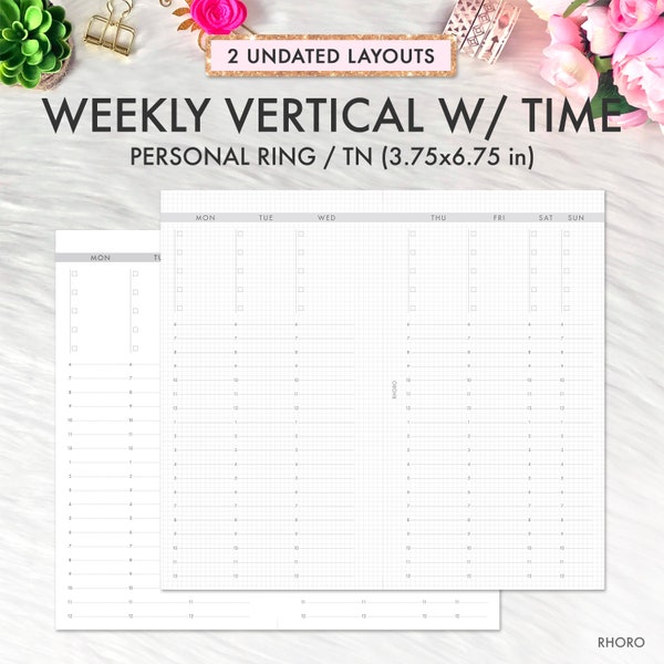 Personal Planner Inserts Printable, Weekly Vertical on 2 Pages Time Undated WO2P, Filofax Refill, Foxy Fix Personal Ring Inserts Printable