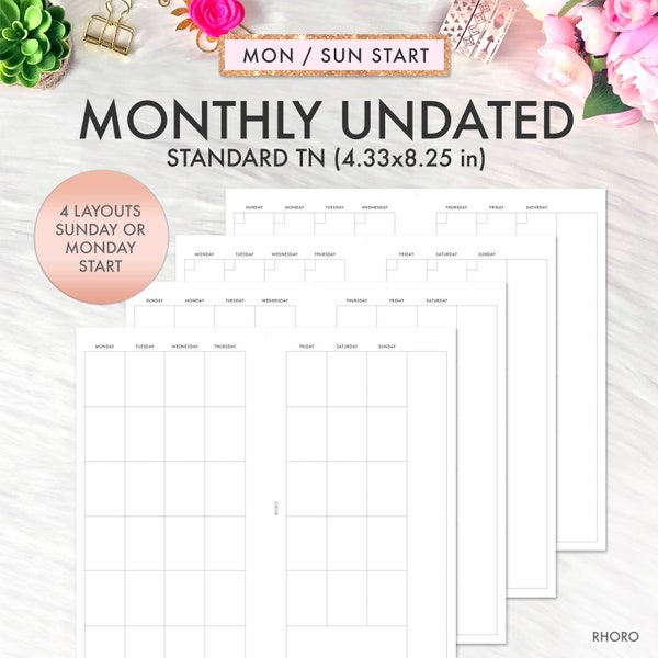 TN Standard Midori Inserts, Travelers Notebook Inserts Printable, Monthly Undated, Printable TN Inserts, Regular TN Refills, Foxy Fix No 6