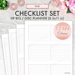 May include: A set of four printable checklist pages in pink and black. The pages are designed for a disc planner and are 8.5 inches by 11 inches. The checklist pages have 1, 2, 4, and 6 columns.