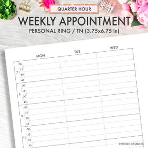 May include: A black and white printable weekly appointment planner with a quarter hour time slot grid. The planner is labeled "Weekly Appointment" and "Personal Ring / TN (3.75x6.75 in)". The days of the week are labeled "Mon", "Tue", and "Wed".