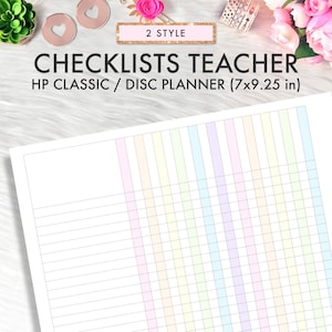 Peut inclure: Une liste de contrôle imprimable pour les enseignants, conçue pour être utilisée avec un planificateur à disques. La liste de contrôle mesure 17,78 cm sur 23,5 cm et présente une grille colorée aux couleurs pastel.