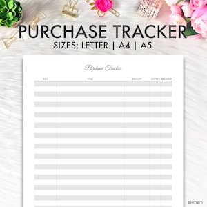 May include: Printable purchase tracker in letter, A4, and A5 sizes. The tracker has columns for date, item, amount, shipped, and received.