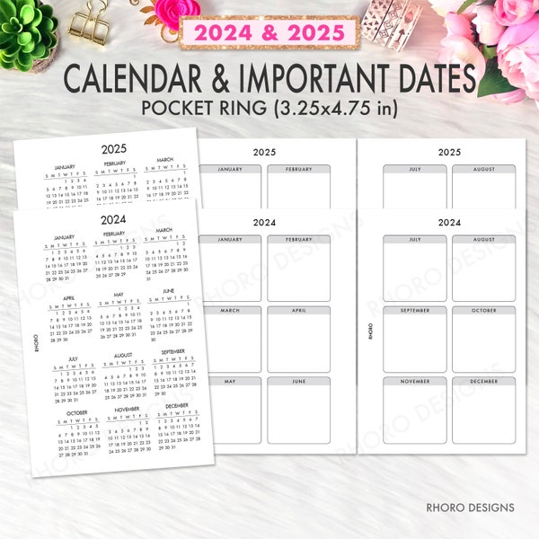 Pocket Planner 2024 2025, Pocket Rings Printable Insert 2024 2025 Calendar Date, Year At A Glance Pocket Planner Printable Filofax Rings PDF