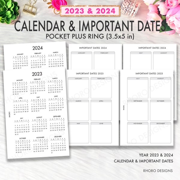 Pocket Plus Rings Printable Insert 2023 2024 Calendar Date, Year At A Glance Pocket Plus Planner Printable, Pocket Plus Insert PDF Download