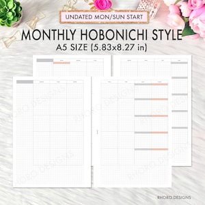 A5 Monthly Printable Undated, A5 Monthly Planner, A5 Monthly Calendar, A5 Planner Inserts Printable, Hobonichi Style Bundle, Filofax A5 PDF