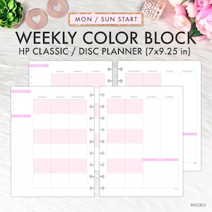May include: A weekly planner with a pink color block design. The planner is for a Happy Planner Classic or Disc planner and measures 7 inches by 9.25 inches. The planner has a Monday to Sunday start.