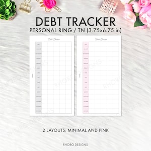 Op de afbeelding: Twee afdrukbare schulden-trackerpagina's in een minimalistische en roze uitvoering. Elke pagina heeft een rasterindeling met kolommen voor schuld, saldo, betalingsbedrag en maandelijkse betalingen. De pagina's zijn ontworpen voor een persoonlijke ring of een reisdagboek en meten 9,5 bij 17,1 cm.